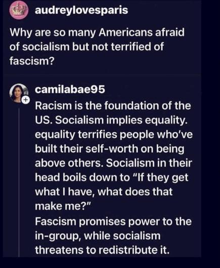 audreylovesparis Why are so many Americans afraid of socialism but not terrified of fascism? camilabae95 Racism is the foundation of the US. Socialism implies equality. equality terrifies people who've built their self-worth on being above others. Socialism in their head boils down to "If they get what I have, what does that make me?" Fascism promises power to the in-group, while socialism threatens to redistribute it.