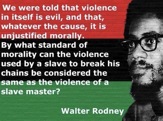 We were told that violence in itself is evil, and that, whatever the cause, it is unjustified morally. By what standard of morality can the violence used by a slave to break his chains be considered the same as the violence of a slave master? Walter Rodney