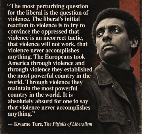 "The most perturbing question for the liberal is the question of violence. The liberal's initial reaction to violence is to try to convince the oppressed that violence is an incorrect tactic, that violence will not work, that violence never accomplishes anything. The Europeans took America through violence and through violence they established the most powerful country in the world. Through violence they maintain the most powerful country in the world. It is absolutely absurd for one to say that violence never accomplishes anything." - Kwame Ture, The Pitfalls of Liberalism